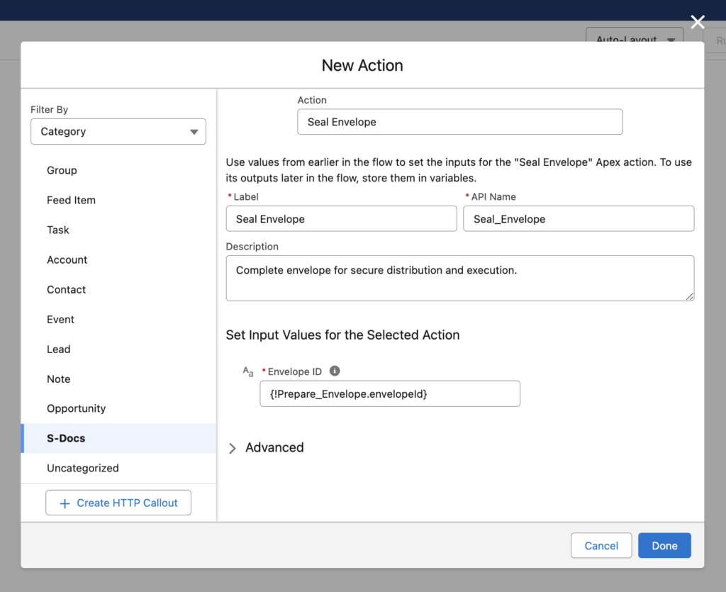 The Seal Envelope apex action in Salesforce flow builder.